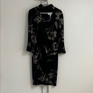 Joseph Ribkoff 183560 Turtle neck V Cut Out Black/Taupe Dress Print